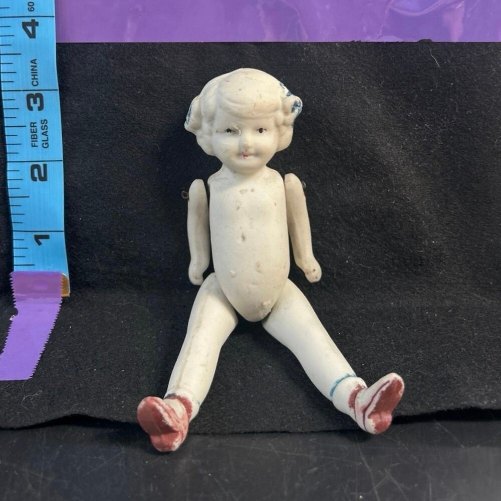 Antique Porcelain Bisque Jointed Doll with Painted Red Shoes